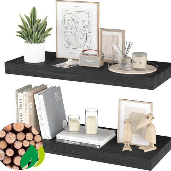 Floating Shelves for Wall- 17 Inch Natural Wood Black - Picture 1 of 6